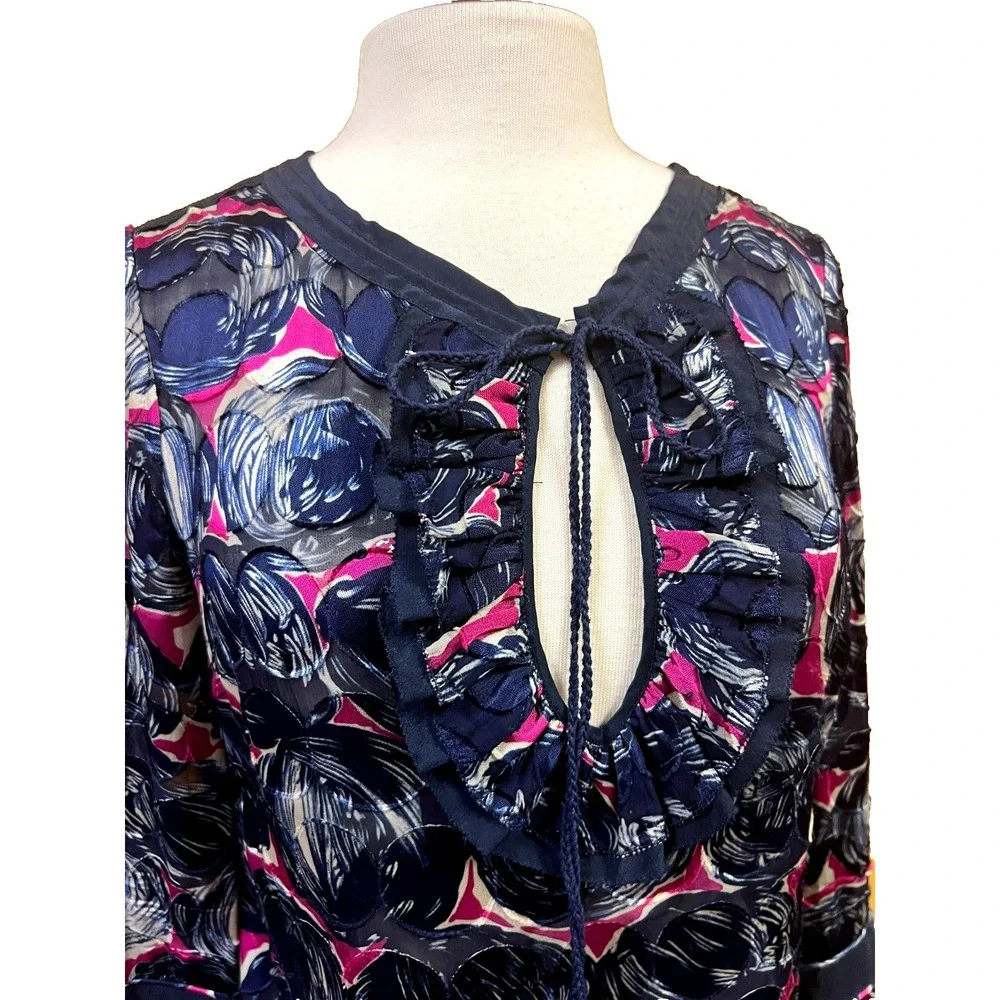 Tory Burch‎ Silk Blend Tunic Top Navy + Orchid Circle Print Keyhole Neck SZ S